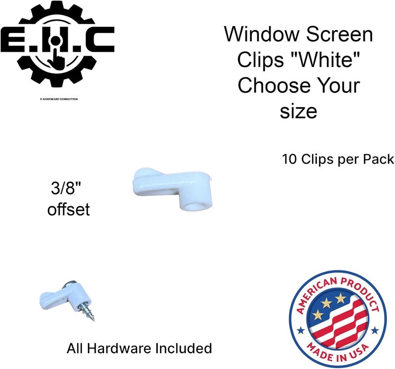 EHC Window Screen Clips / “White” Plastic (Choose Your Size! /Size Run Flush up to 1-3/16” Offset) New or Replacement (10 Pack with All Needed Hardware Included) by E.H.C. (3/8" Offset) - Image 2